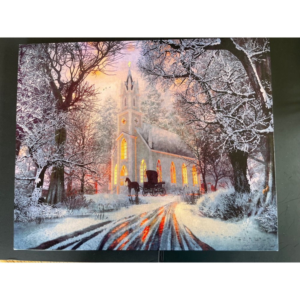 Lighted Winter Church Scene LED Canvas Wall Art Horse Carriage Holiday